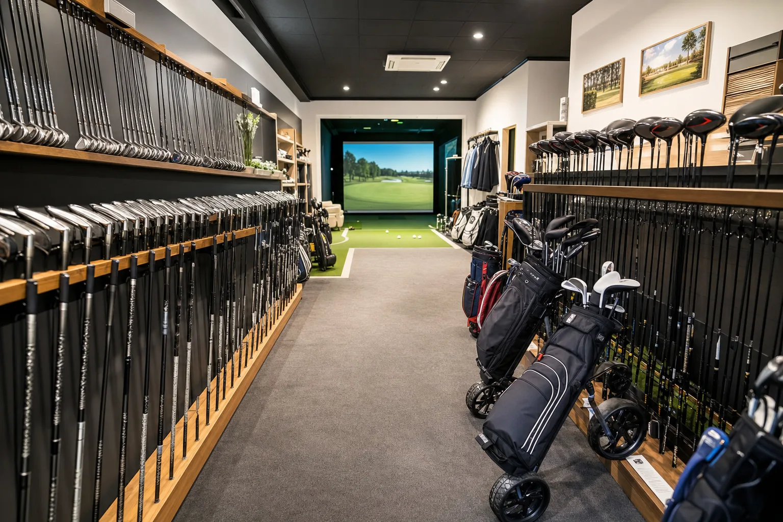 The interior of a golf shop with clubs racked along the walls